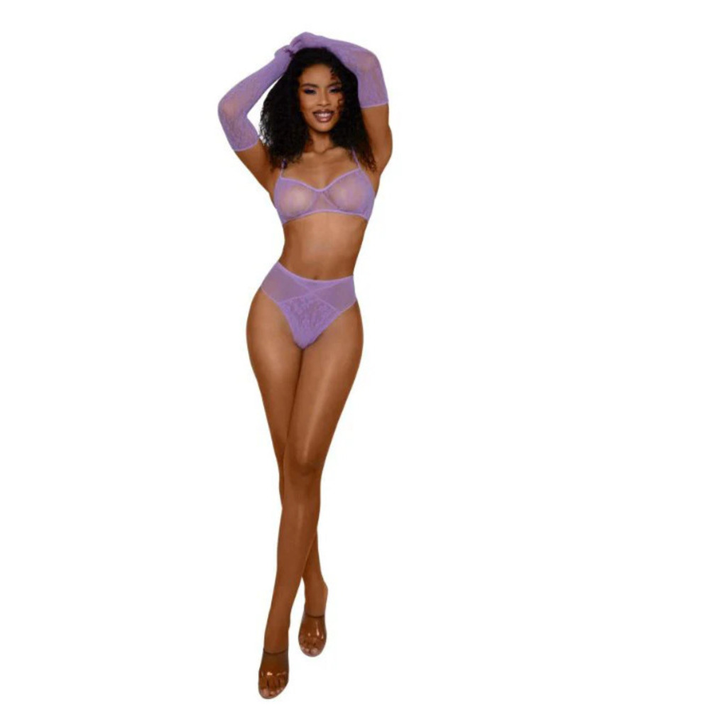 Dreamgirl - Lace Bralette Panty and Gloves Set  - Purple